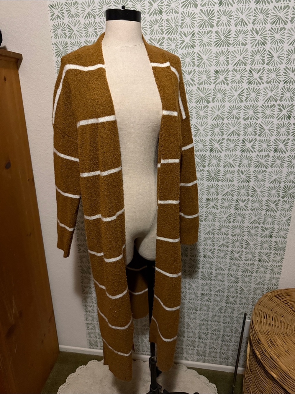 debut Long Open-Front Mustard and White Striped Cardigan